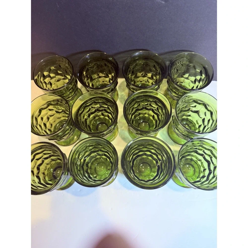 Vtg Indiana Glass Whitehall Cubist Olive Green Set of 12 Pedestal Water Goblets